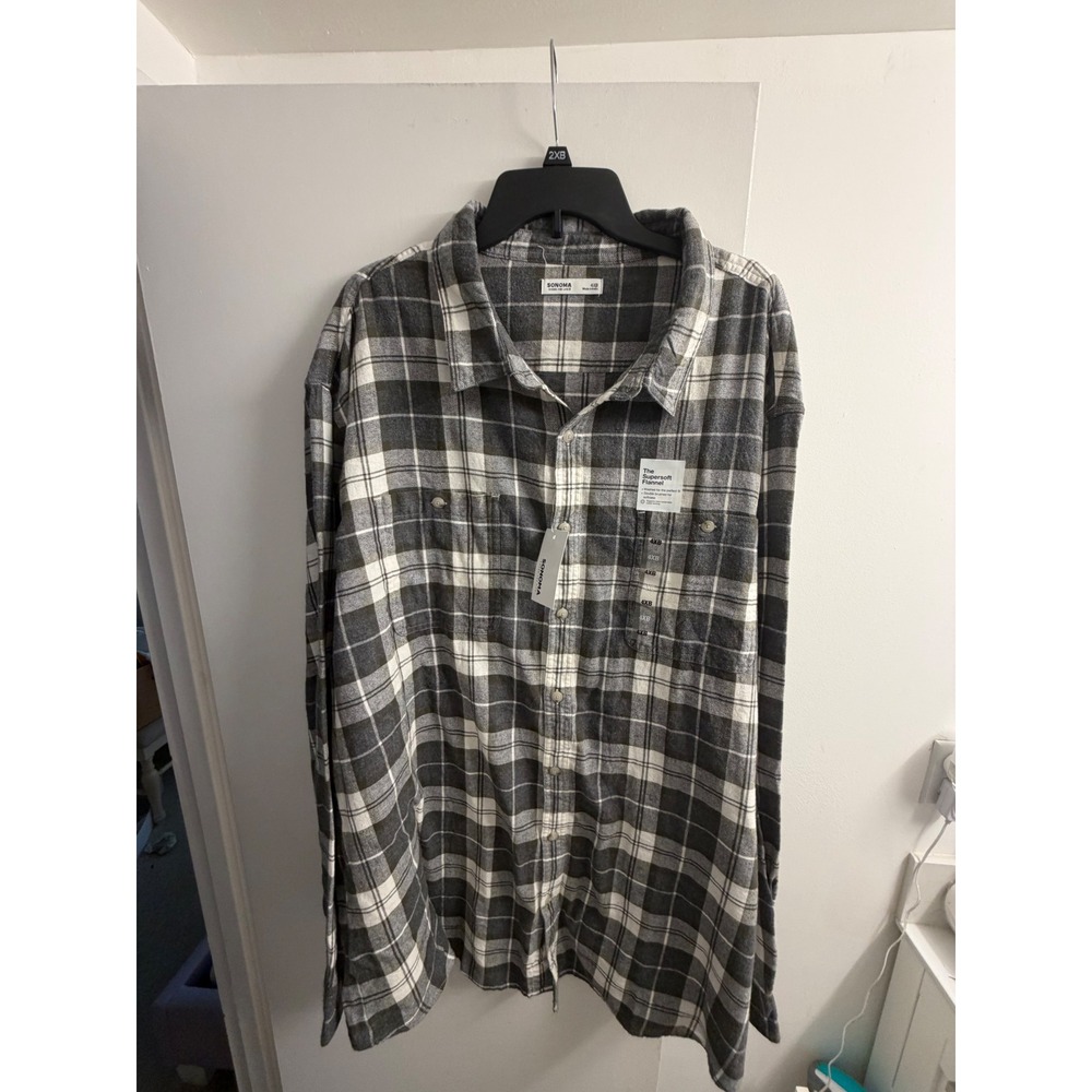 Sonoma Goods for Life Mens 4XB Grey White Plaid Supersoft Flannel Shirt NWT